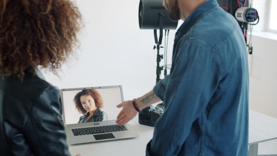 Two professionals conducting a video interview in a studio
